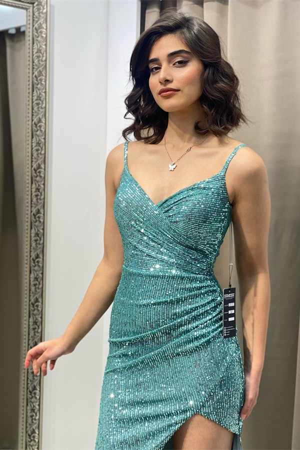 Chic Long Mermaid Sequined Spaghetti Straps Floor Length Prom Dress wuth Slit - YESBABYONLINE