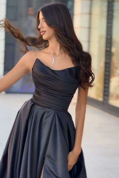 Elegant Black Long A-line Sleeveless Strapless Prom Dress with Slit - YESBABYONLINE