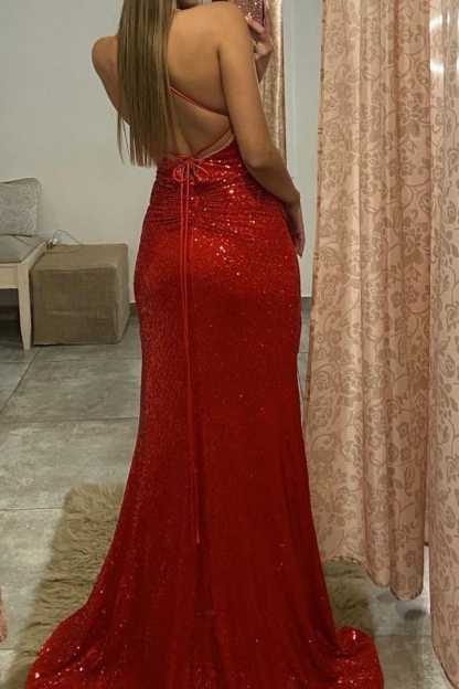 Gorgeous Long V-Neck Sleeveless Backless Sequined Mermaid Prom Dresses with Split - YESBABYONLINE