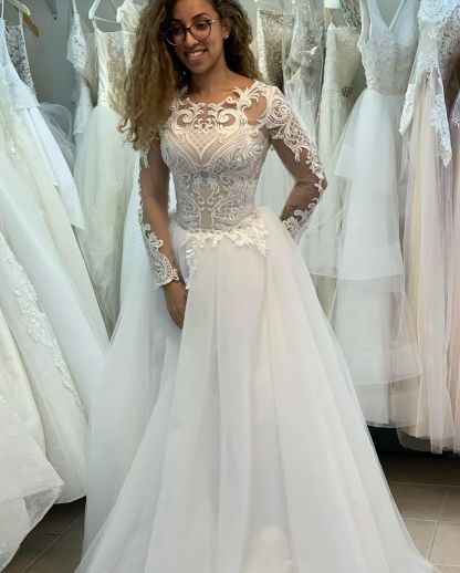 Elegant Long Sleeves Bateau A-line Floor length Tulle Lace Wedding Dresses - YESBABYONLINE