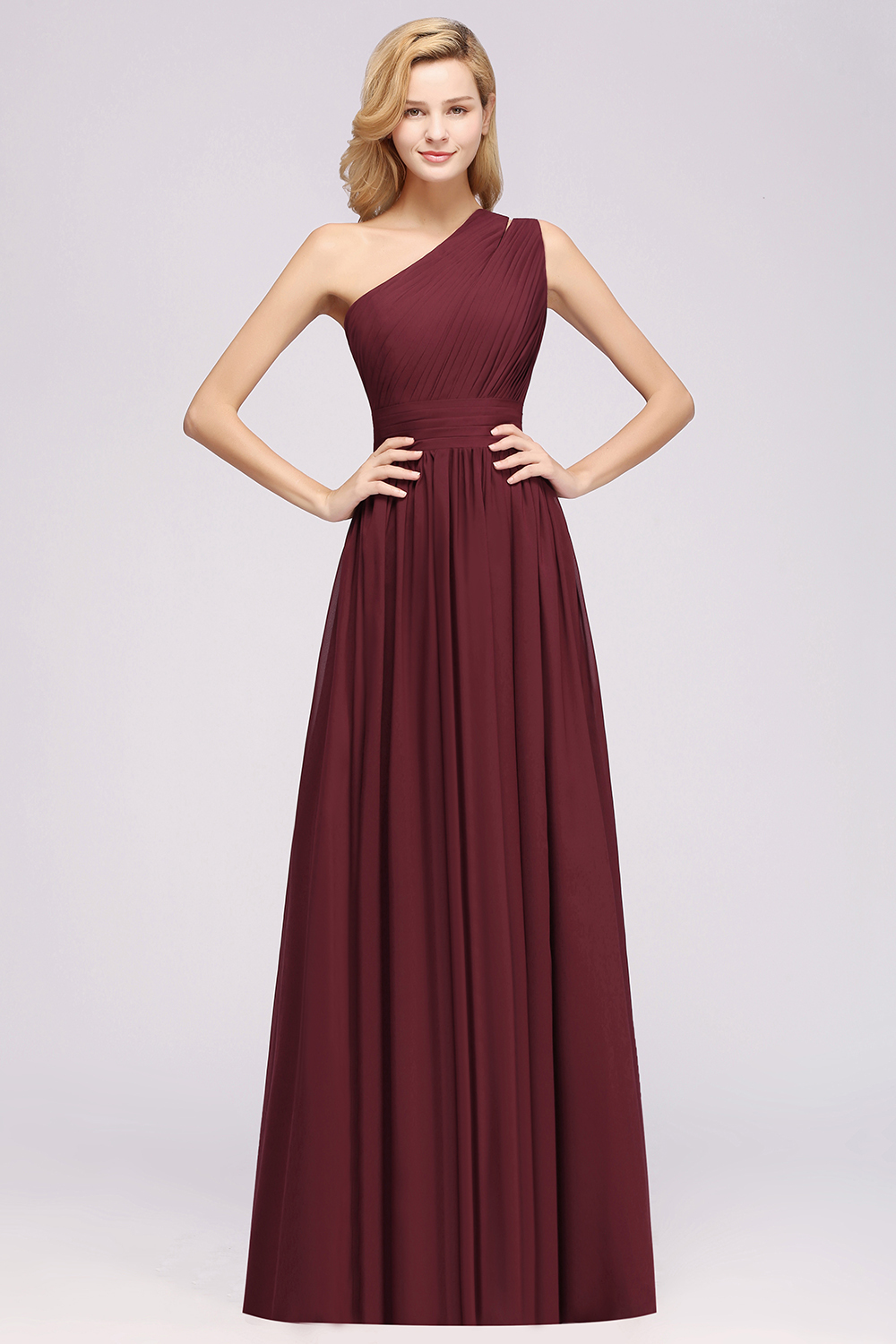 Elegant A-Line Burgundy One Shoulder Sleeveless Ruffles Floor-Length Bridesmaid Dresses - YESBABYONLINE