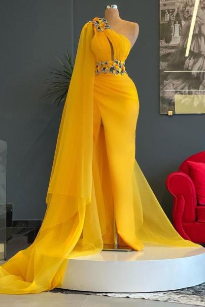 Luxury Yellow Long One Shoulder Tulle Ruffles Mermaid Prom Dresses with Slit - YESBABYONLINE