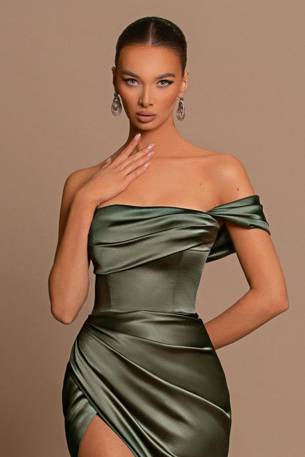 Long Mermaid Off the Shoulder Strapless Satin Prom Dress with Slit - YESBABYONLINE