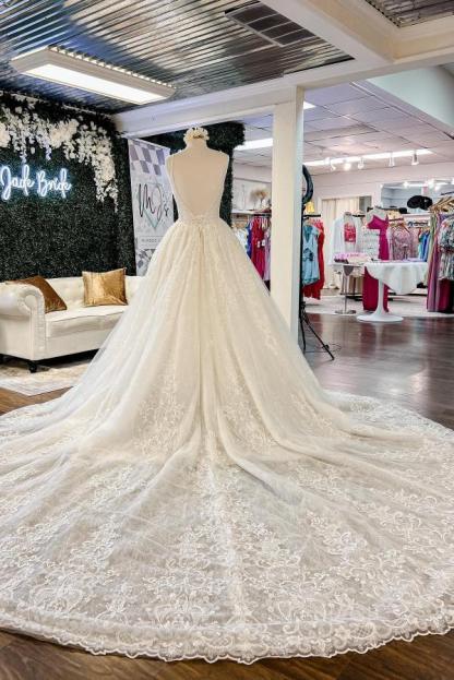 Elegant Long A-Line Spaghetti Strap Sleeveless Floor-Length Wedding Dresses with Appliques - YESBABYONLINE