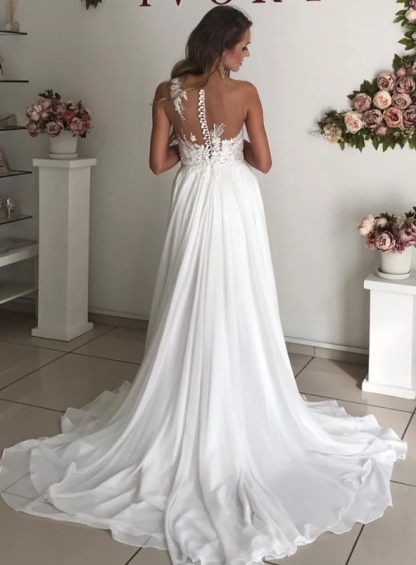 Elegant Long A-line V-neck Straps Applique Lace Backless Chiffon Wedding Dresses - YESBABYONLINE