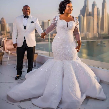 Charming Long Mermaid Sweetheart Lace Wedding Dresses with Sleeves - YESBABYONLINE