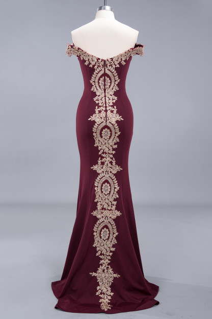 Charming Long Mermaid Off The Shoulder Floor-Length Appliques Lace Prom Dress - YESBABYONLINE