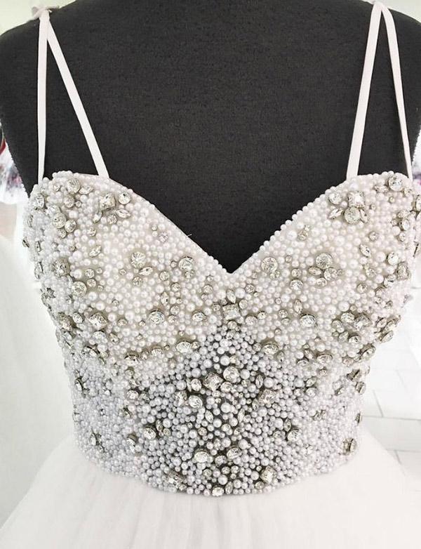 Elegant Long Spaghetti Straps A-Line Beading Tulle White Wedding Dresses - YESBABYONLINE