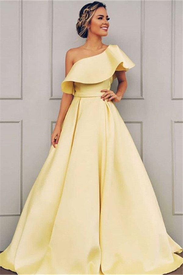 Glamorous Long A-Line One Shoulder Satin Formal Prom Dresses - YESBABYONLINE