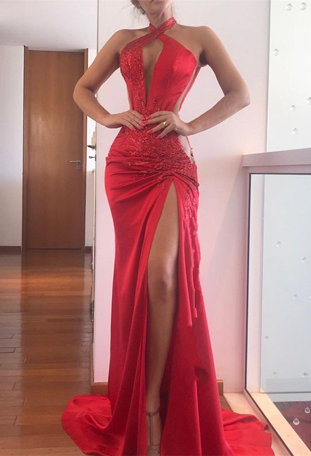 Red Long Mermaid Halter Front Slit Floor Length Satin Prom Dress - YESBABYONLINE