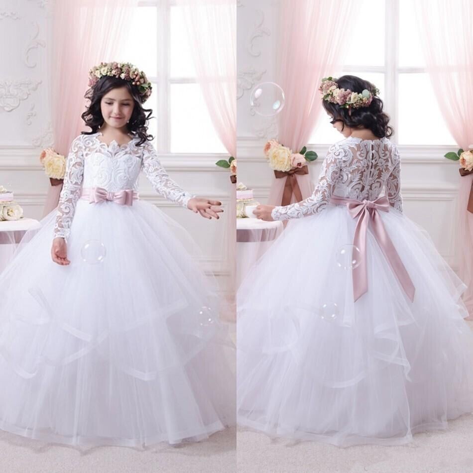 Long Ball Gown Lace Appliques Tulle Lace Flower Girl Dresses with Sleeves - YESBABYONLINE
