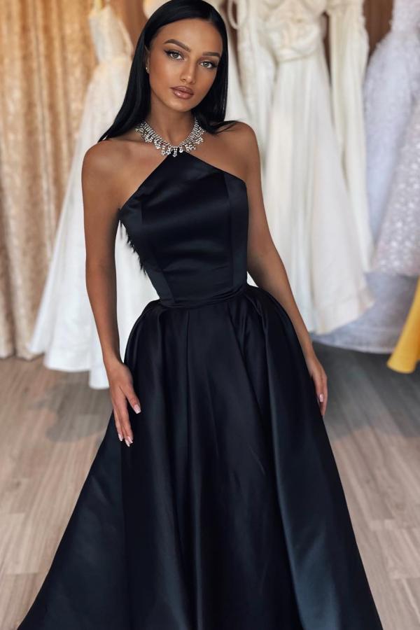 Simple Halter A Line Draped Satin Floor Length Prom Dress