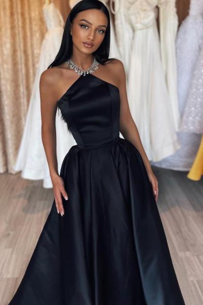 Simple Halter A Line Draped Satin Floor Length Prom Dress