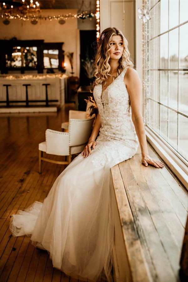 Elegant Long Sleeveless Straps V-neck A-Line Tulle Wedding Dress with Ruffles - YESBABYONLINE