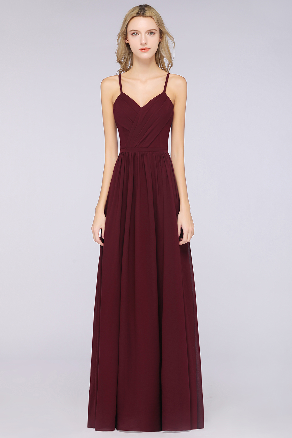 A-Line Spaghetti-Straps V-Neck Sleeveless Floor-Length Bridesmaid Dress with Ruffles - YESBABYONLINE