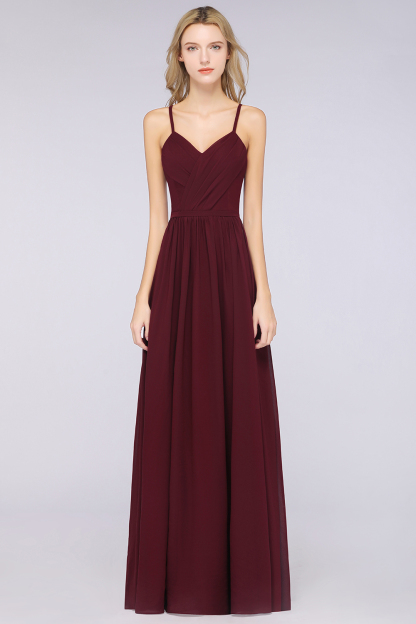 A-Line Spaghetti-Straps V-Neck Sleeveless Floor-Length Bridesmaid Dress with Ruffles - YESBABYONLINE