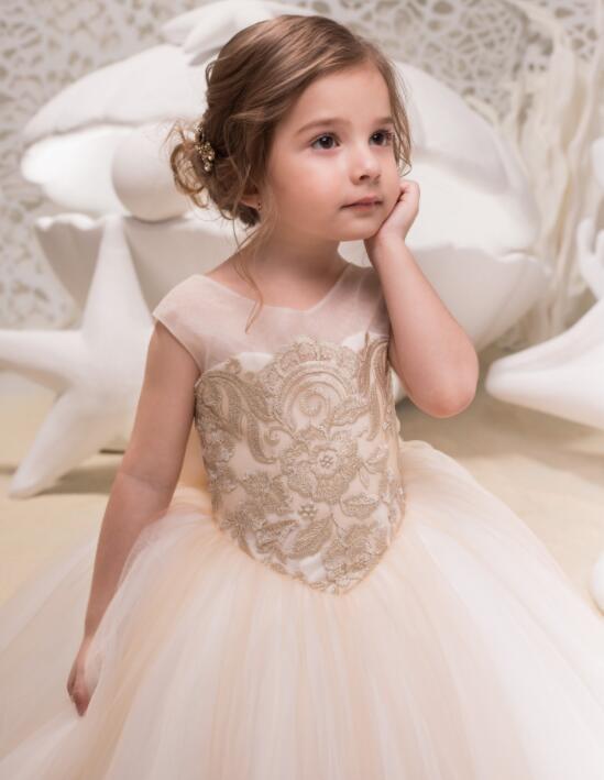 Sweet Long Ball Gown Scoop Lace Applique Flower Girl Dresses with Bow - YESBABYONLINE