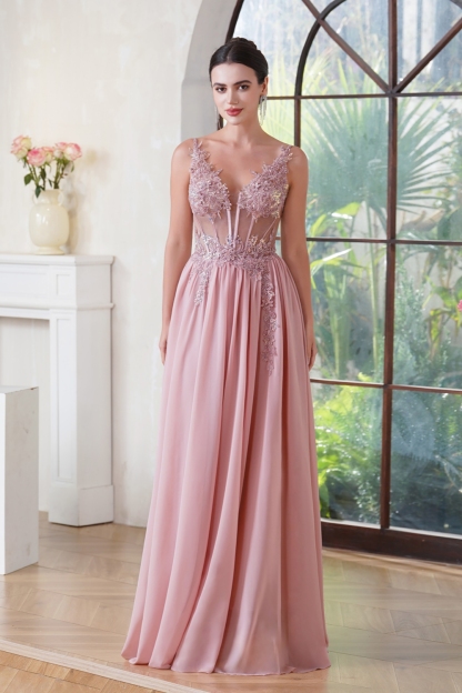 Chic Long A-Line Floor-Length Sleeveless V-Neck Chiffon Prom Dresses - YESBABYONLINE