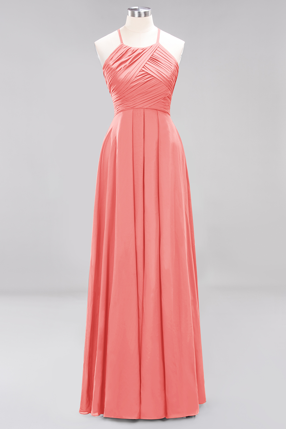 Long A-Line Halter Ruffles Floor-Length Chiffon Bridesmaid Dress - YESBABYONLINE