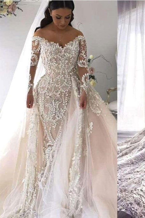 Gorgeous Long Sleeves Sweetheart Lace Tulle Mermaid Wedding Dresses With Detachable Train - YESBABYONLINE