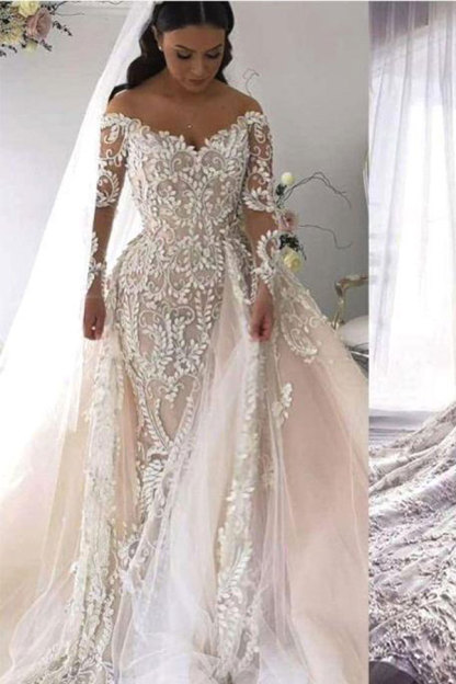 Gorgeous Long Sleeves Sweetheart Lace Tulle Mermaid Wedding Dresses With Detachable Train - YESBABYONLINE