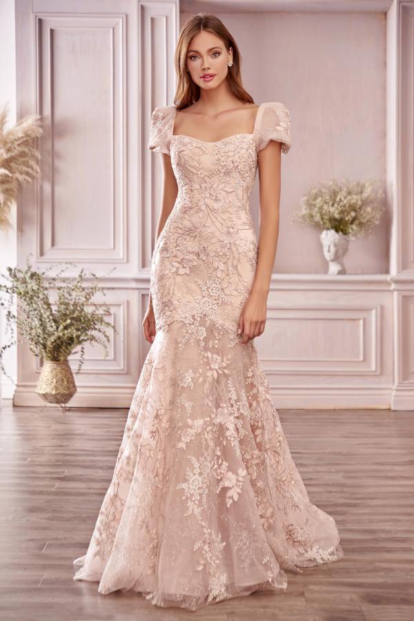 Glamourous Short Sleeves Tulle Nude Pink Appliques Mermaid Prom Dresses - YESBABYONLINE