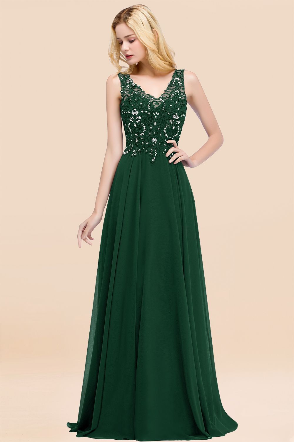 Long A-line Straps V Neck Applique Lace Floor Length Chiffon Bridesmaid Dresses - YESBABYONLINE