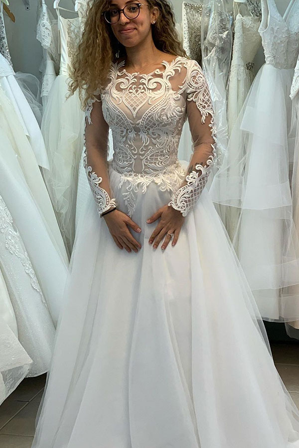 Elegant Long Sleeves Bateau A-line Floor length Tulle Lace Wedding Dresses - YESBABYONLINE