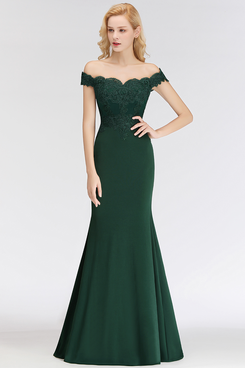 Elegant Long Mermaid Off The Shoulder Satin Appliques Lace Floor Length Bridesmaid Dresses - YESBABYONLINE