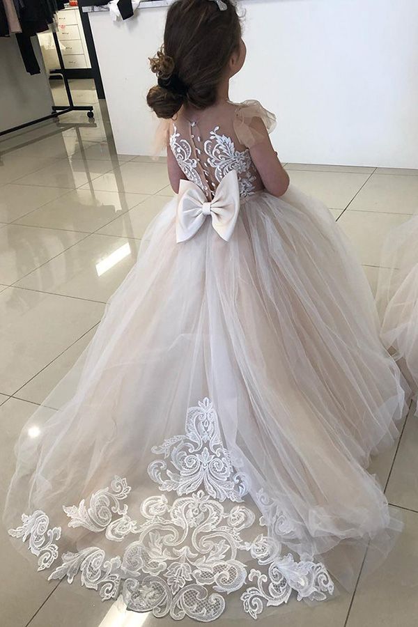 Long Ball Gown Tulle Appliques Lace Dress Little Girl for Wedding Party - YESBABYONLINE