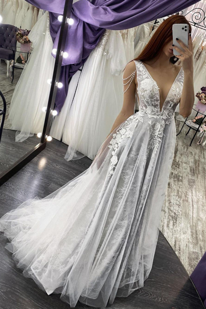 Sexy Long V-Neck Floral Lace Sleeveless A Line Open Back Wedding Dresses - YESBABYONLINE
