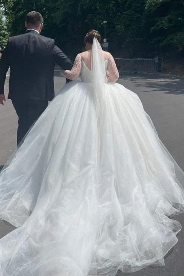 Charming Long Sleeves Sweetheart Floor Length Tulle Ball Gown Wedding Dress with Appliques - YESBABYONLINE