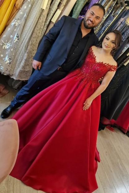 Long Ball Gown Off The Shoulder Floor Length Satin Prom Dress with Ruffles - YESBABYONLINE