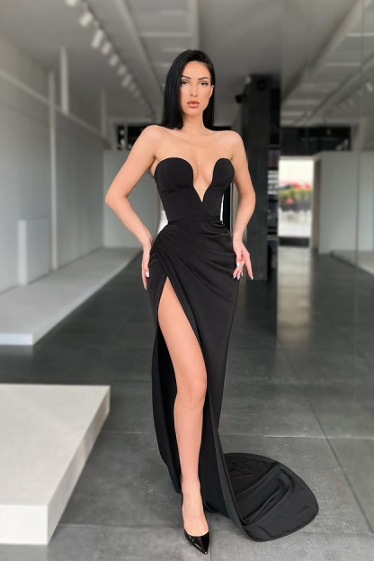 Charming Black Long V-Neck Sleeveless Split Front Satin Mermaid Prom Dresses - YESBABYONLINE