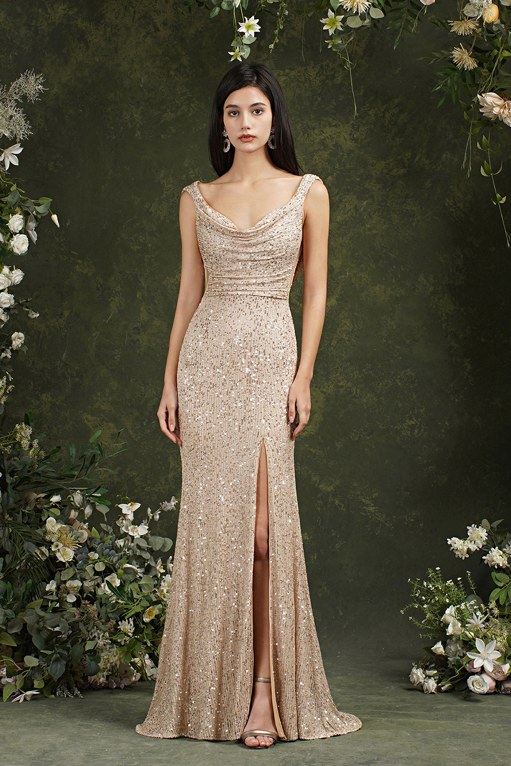 Long Scoop Neck Sequins Backless Mermaid Bridesmaid Dress With Side Slit - YESBABYONLINE