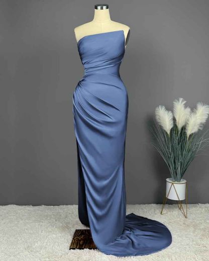 Elegant Long Strapless Sleeveless Mermaid Satin Prom Dresses with Slit - YESBABYONLINE