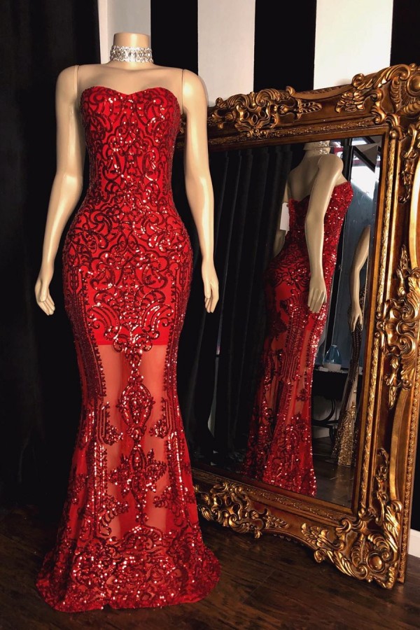 Sparkly Long Mermaid Sweetheart Floor Length Red Prom Dresses - YESBABYONLINE