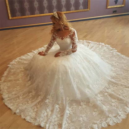 Long Sleeves Ball Gown V-neck Tulle Lace Appliques Wedding Dresses - YESBABYONLINE