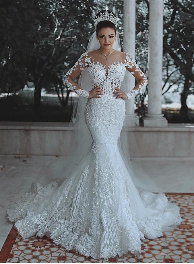 Glamorous Long Sleeves Mermaid Sweetheart Floor length Tulle Lace Wedding Dress - YESBABYONLINE