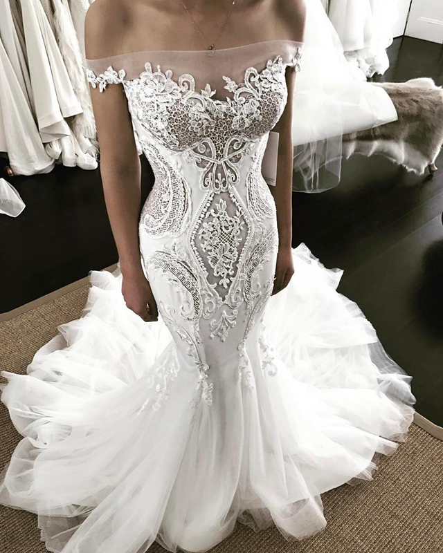 Sexy Long Off The Shoulder Tulle Applique Lace Mermaid Wedding Dresses - YESBABYONLINE