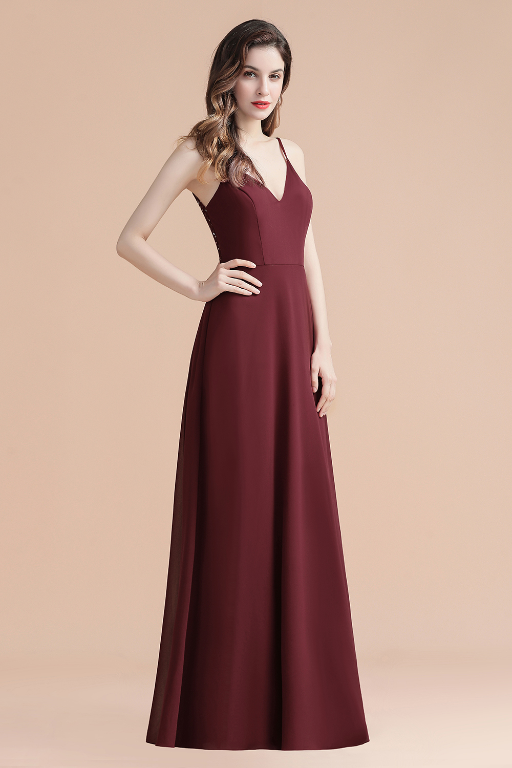 Elegant Long A-line V-Neck Chiffon Backless Bridesmaid Dresses - YESBABYONLINE