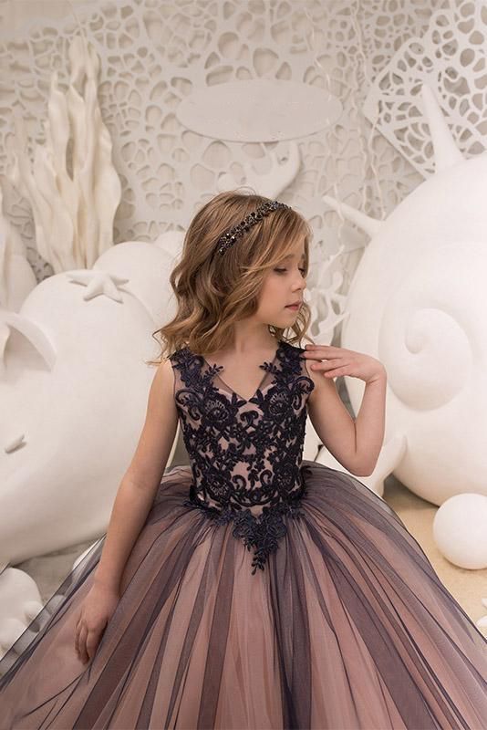 Black Long Ball Gown V-neck Tulle Appliques Lace Flower Girl Dress - YESBABYONLINE