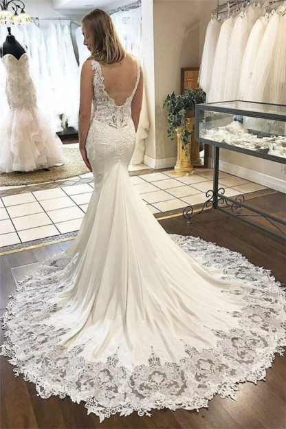 Long V-Neck Tulle Lace Sleeveless Backless Mermaid Wedding Dresses - YESBABYONLINE