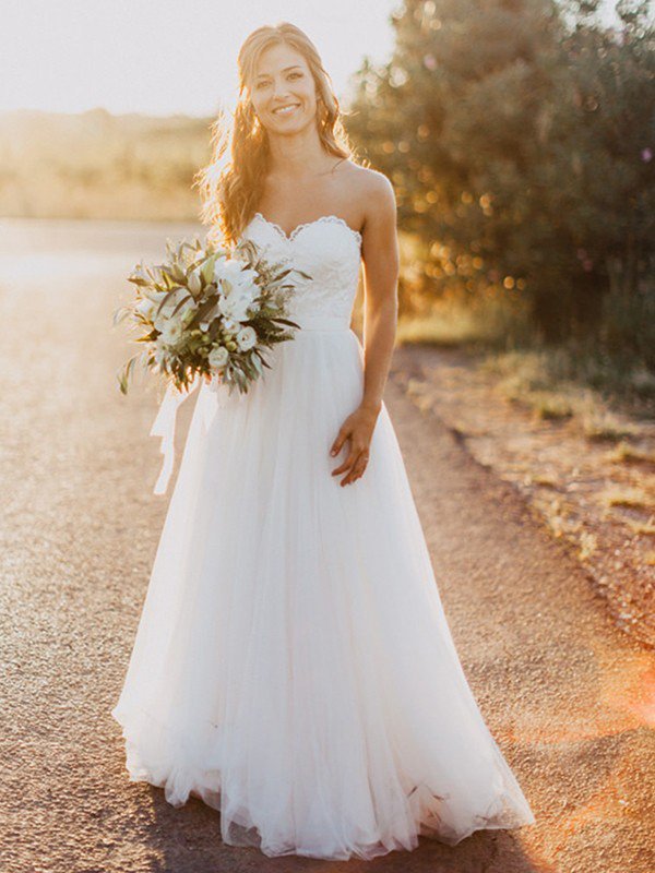 Long A-line Sweetheart Floor-Length Tulle Sleeveless Wedding Dresses - YESBABYONLINE