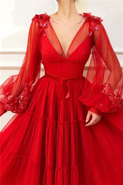 Chic Red Long A-line V Neck Tulle Formal Prom Dress with Sleeves - YESBABYONLINE