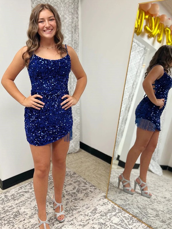 Sexy Sheath Spaghetti Straps Sleeveless Sequined Short Prom Dresses - YESBABYONLINE