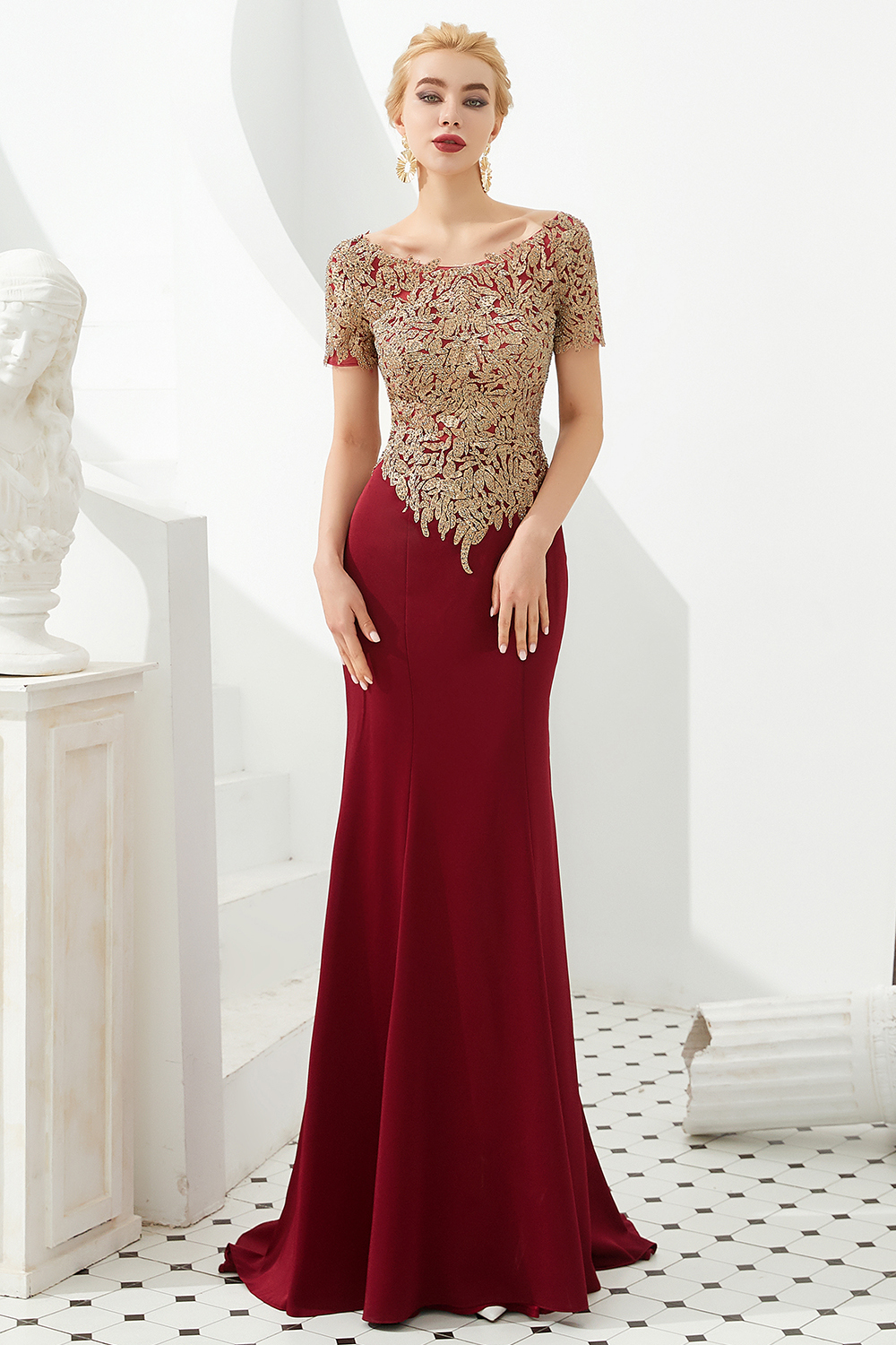 Long Mermaid Bateau Satin Applique Lace Evening Dresses with Short Sleeves - YESBABYONLINE