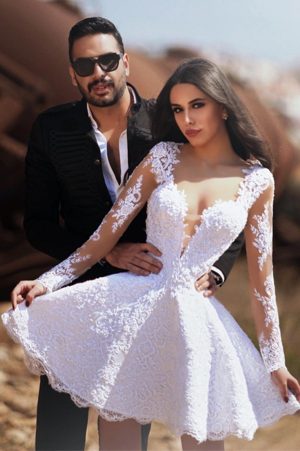 Short A-line Sweetheart Lace Tulle Wedding Dresses with Sleeves - YESBABYONLINE