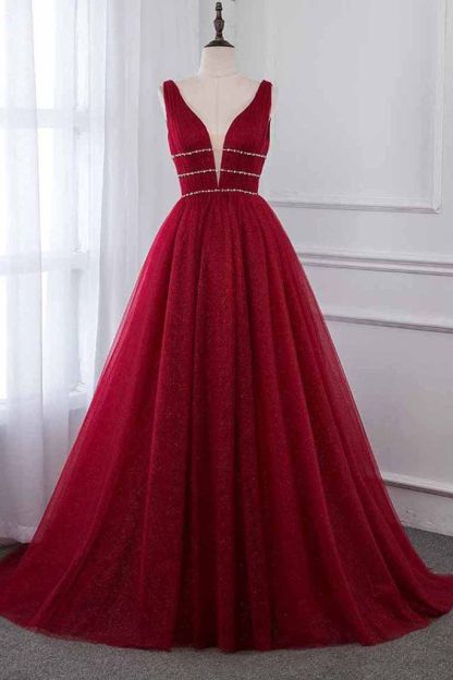 Long A-Line V-Neck Sleeveless Tulle Backless Prom Dresses - YESBABYONLINE