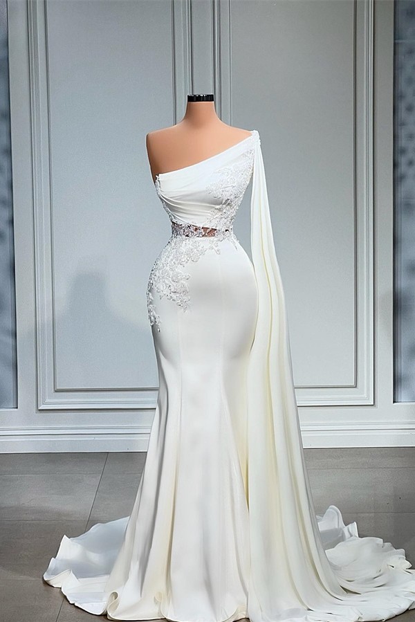 White Long Mermaid Asymmetric One Shoulder Satin Prom Dress - YESBABYONLINE